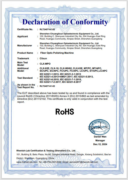 China Shenzhen Chuanglixun Optoelectronic Equipment Co., Ltd. certificaten